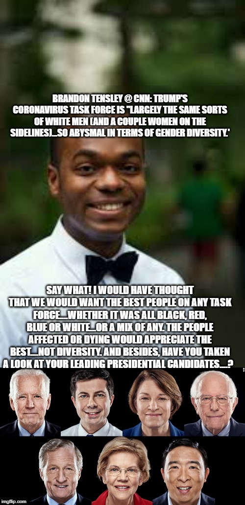 politics | BRANDON TENSLEY @ CNN: TRUMP'S CORONAVIRUS TASK FORCE IS "LARGELY THE SAME SORTS OF WHITE MEN (AND A COUPLE WOMEN ON THE SIDELINES)...SO ABYSMAL IN TERMS OF GENDER DIVERSITY.'; SAY WHAT! I WOULD HAVE THOUGHT THAT WE WOULD WANT THE BEST PEOPLE ON ANY TASK FORCE....WHETHER IT WAS ALL BLACK, RED, BLUE OR WHITE...OR A MIX OF ANY. THE PEOPLE AFFECTED OR DYING WOULD APPRECIATE THE BEST....NOT DIVERSITY. AND BESIDES, HAVE YOU TAKEN A LOOK AT YOUR LEADING PRESIDENTIAL CANDIDATES....? | image tagged in political meme | made w/ Imgflip meme maker