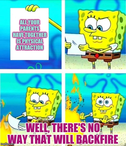 Spongebob Burn Note | ALL YOUR PARENTS HAVE TOGETHER IS PHYSICAL ATTRACTION WELL, THERE'S NO WAY THAT WILL BACKFIRE | image tagged in spongebob burn note | made w/ Imgflip meme maker