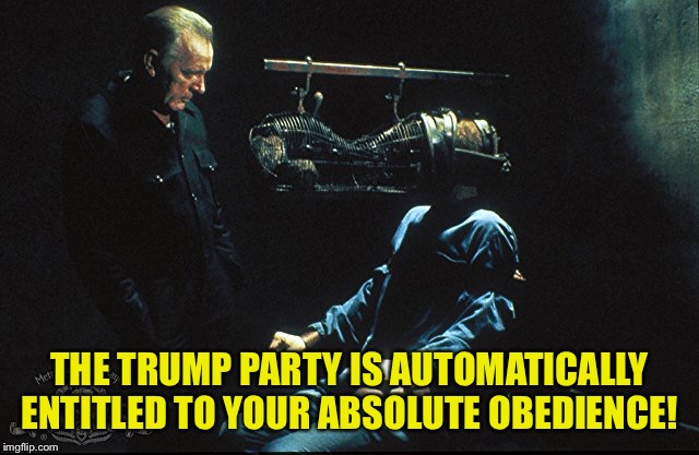 1984 Rat Cage | THE TRUMP PARTY IS AUTOMATICALLY ENTITLED TO YOUR ABSOLUTE OBEDIENCE! | image tagged in 1984 rat cage | made w/ Imgflip meme maker