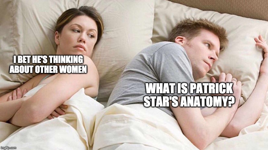 I Bet He's Thinking About Other Women | I BET HE'S THINKING ABOUT OTHER WOMEN; WHAT IS PATRICK STAR'S ANATOMY? | image tagged in i bet he's thinking about other women | made w/ Imgflip meme maker