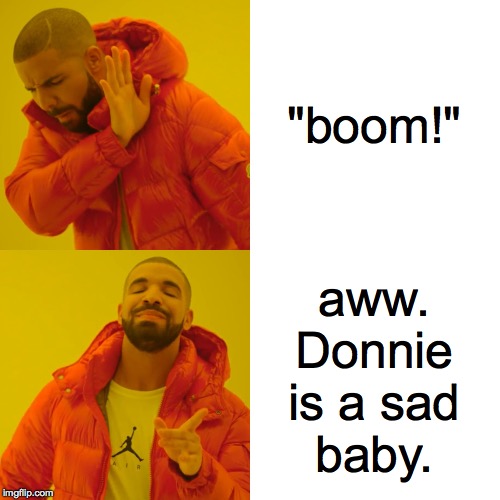 Drake Hotline Bling Meme | "boom!" aww.
Donnie
is a sad
baby. | image tagged in memes,drake hotline bling | made w/ Imgflip meme maker