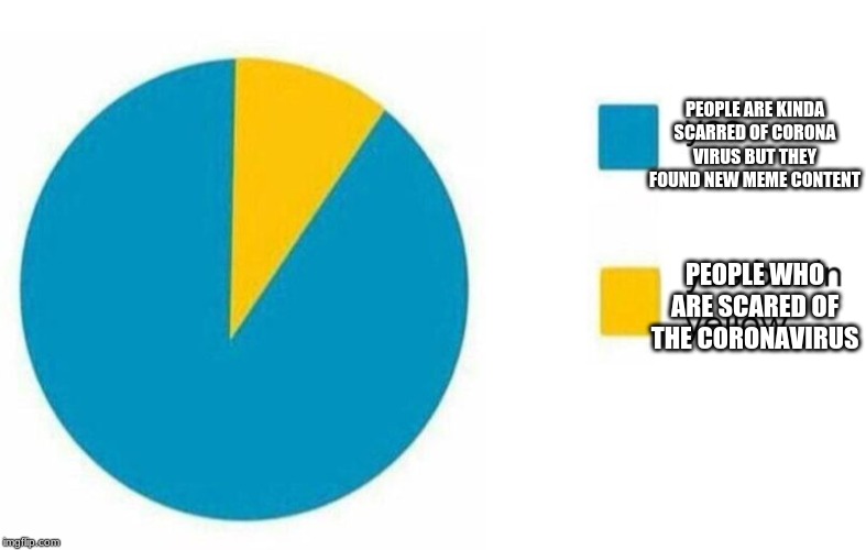 pie chart yes but in yellow | PEOPLE ARE KINDA SCARRED OF CORONA VIRUS BUT THEY FOUND NEW MEME CONTENT; PEOPLE WHO ARE SCARED OF THE CORONAVIRUS | image tagged in pie chart yes but in yellow | made w/ Imgflip meme maker