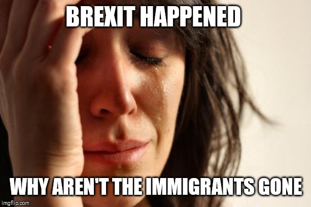 First World Problems | BREXIT HAPPENED; WHY AREN'T THE IMMIGRANTS GONE | image tagged in memes,first world problems,brexit,they took our jobs | made w/ Imgflip meme maker
