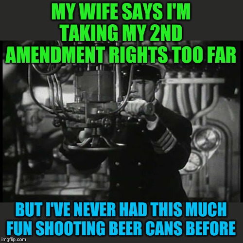 Up periscope | MY WIFE SAYS I'M TAKING MY 2ND AMENDMENT RIGHTS TOO FAR; BUT I'VE NEVER HAD THIS MUCH FUN SHOOTING BEER CANS BEFORE | image tagged in up periscope | made w/ Imgflip meme maker