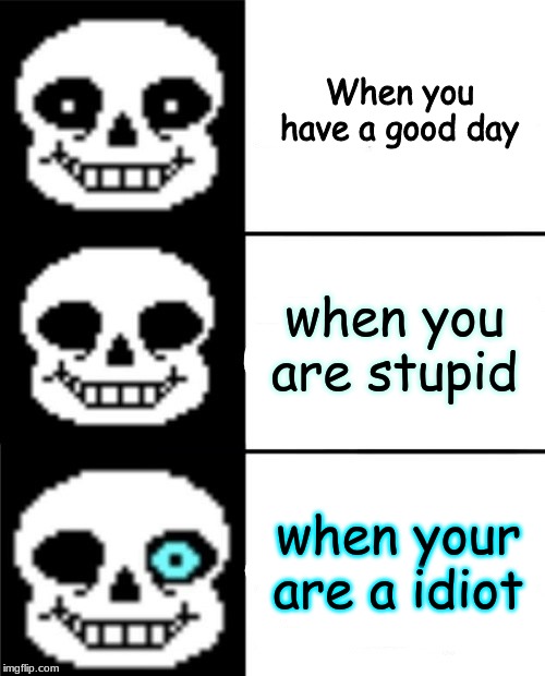 sans | When you have a good day; when you are stupid; when your are a idiot | image tagged in sans | made w/ Imgflip meme maker