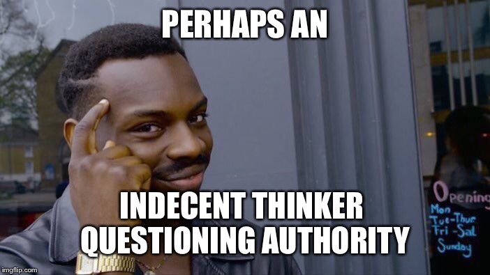 Roll Safe Think About It Meme | PERHAPS AN INDECENT THINKER 
QUESTIONING AUTHORITY | image tagged in memes,roll safe think about it | made w/ Imgflip meme maker