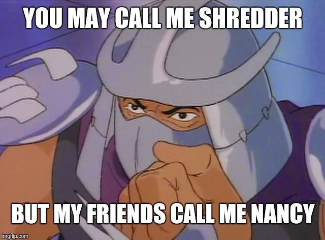 Harebrained scheme foiled again | YOU MAY CALL ME SHREDDER; BUT MY FRIENDS CALL ME NANCY | image tagged in 90s cartoon shredder | made w/ Imgflip meme maker
