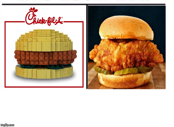 Chick-fil-A comparison: Lego model and The original | image tagged in comparison table,chick-fil-a,memes,meme,food,sandwich | made w/ Imgflip meme maker