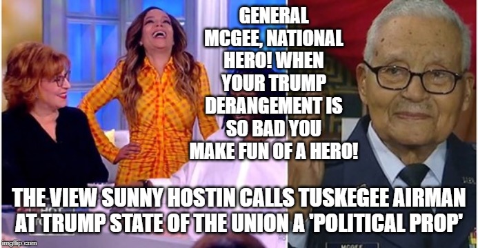 When you laugh at every Black accomplishment,  You may have Trump Derangement Syndrome!! | GENERAL MCGEE, NATIONAL HERO! WHEN YOUR TRUMP DERANGEMENT IS SO BAD YOU MAKE FUN OF A HERO! THE VIEW SUNNY HOSTIN CALLS TUSKEGEE AIRMAN AT TRUMP STATE OF THE UNION A 'POLITICAL PROP' | image tagged in democrat,republican | made w/ Imgflip meme maker