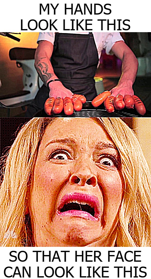 MY HANDS LOOK LIKE THIS; SO THAT HER FACE CAN LOOK LIKE THIS | image tagged in sausage fest | made w/ Imgflip meme maker