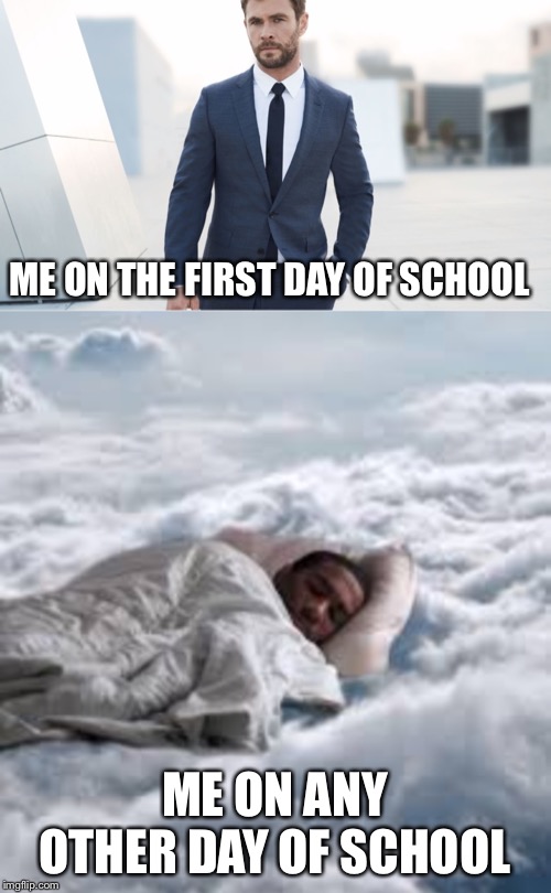 Yup... | ME ON THE FIRST DAY OF SCHOOL; ME ON ANY OTHER DAY OF SCHOOL | image tagged in memes,funny,funny memes,sleeping,school,suit | made w/ Imgflip meme maker
