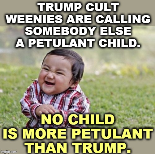 Nobody comes close to Trump in the Petulant Child Sweepstakes. | TRUMP CULT WEENIES ARE CALLING SOMEBODY ELSE A PETULANT CHILD. NO CHILD IS MORE PETULANT THAN TRUMP. | image tagged in memes,evil toddler,trump,child,tantrum,infant | made w/ Imgflip meme maker