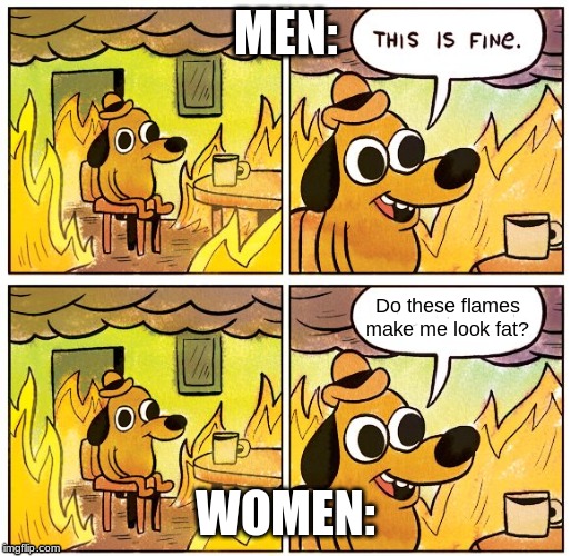 MEN:; Do these flames make me look fat? WOMEN: | image tagged in this is fine dog | made w/ Imgflip meme maker