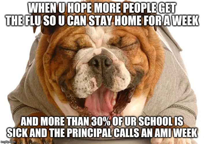 GET SICK PPLE | WHEN U HOPE MORE PEOPLE GET THE FLU SO U CAN STAY HOME FOR A WEEK; AND MORE THAN 30% OF UR SCHOOL IS SICK AND THE PRINCIPAL CALLS AN AMI WEEK | image tagged in dogs,school,sick | made w/ Imgflip meme maker