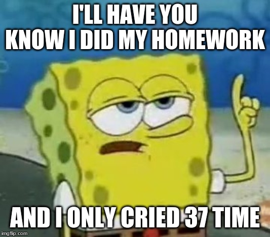 I'll Have You Know Spongebob | I'LL HAVE YOU KNOW I DID MY HOMEWORK; AND I ONLY CRIED 37 TIME | image tagged in memes,ill have you know spongebob | made w/ Imgflip meme maker