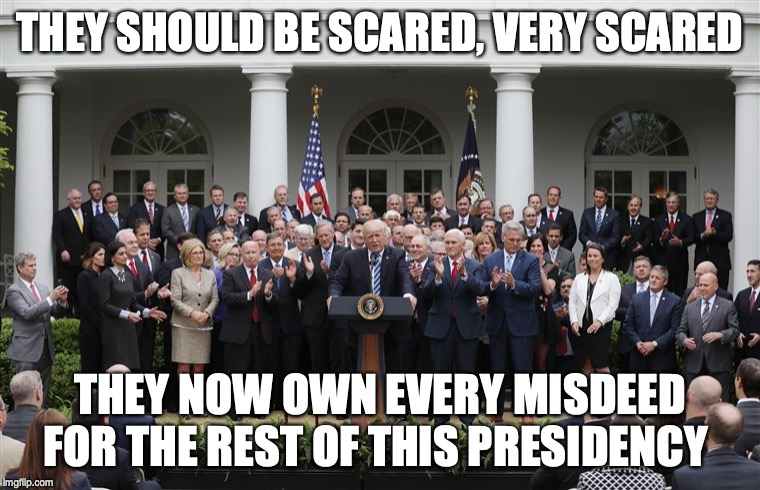 Republican Senators, watching the days pass and hoping their crazy leader doesn't cause calamity | THEY SHOULD BE SCARED, VERY SCARED; THEY NOW OWN EVERY MISDEED FOR THE REST OF THIS PRESIDENCY | image tagged in republican senators | made w/ Imgflip meme maker
