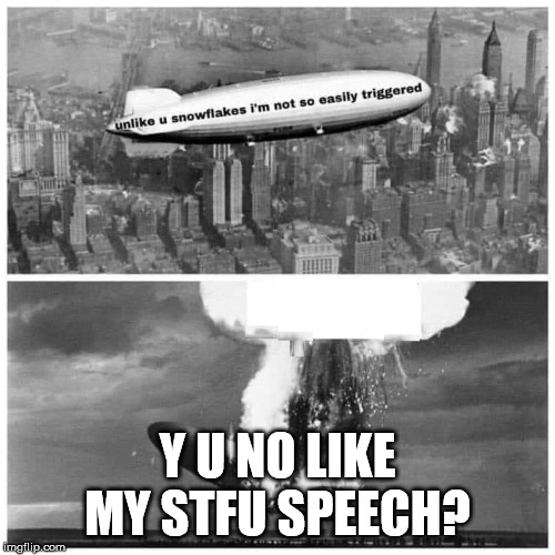 HINDENBURG TRIGGERED SNOWFLAKES BLANK | Y U NO LIKE MY STFU SPEECH? | image tagged in hindenburg triggered snowflakes blank | made w/ Imgflip meme maker