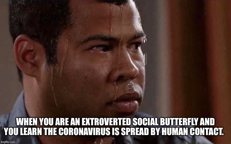 WHEN YOU ARE AN EXTROVERTED SOCIAL BUTTERFLY AND YOU LEARN THE CORONAVIRUS IS SPREAD BY HUMAN CONTACT. | image tagged in coronavirus,nervous,extrovert | made w/ Imgflip meme maker