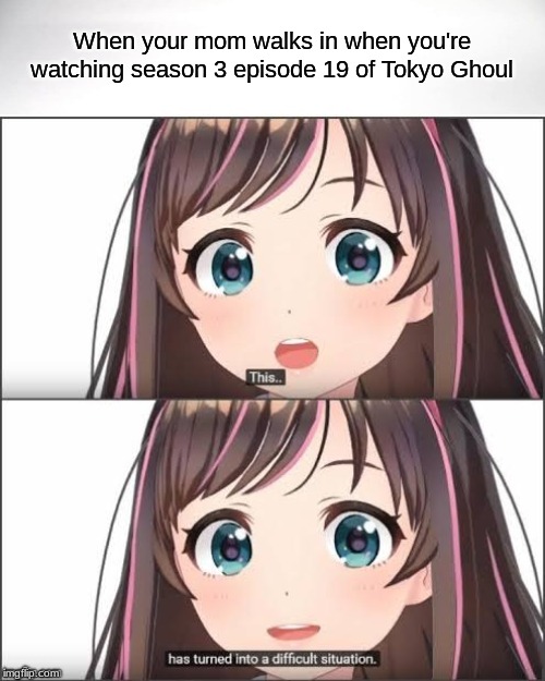 This has turned into a difficult situation | When your mom walks in when you're watching season 3 episode 19 of Tokyo Ghoul | image tagged in this has turned into a difficult situation | made w/ Imgflip meme maker