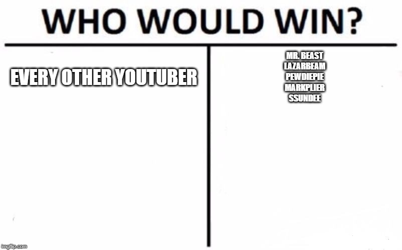 Who Would Win? Meme | EVERY OTHER YOUTUBER; MR. BEAST
LAZARBEAM
PEWDIEPIE
MARKPLIER
SSUNDEE | image tagged in memes,who would win | made w/ Imgflip meme maker