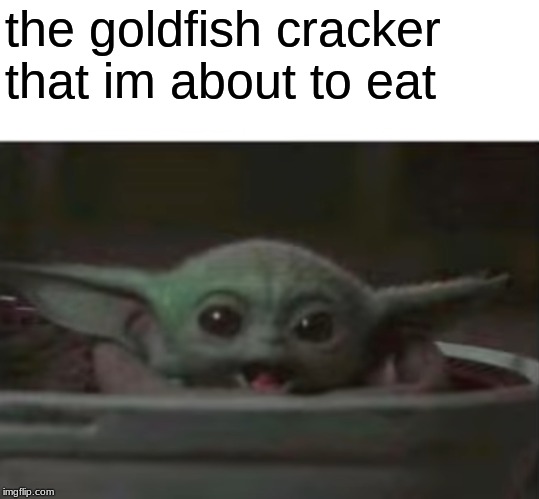 Baby Yoda smiling | the goldfish cracker that im about to eat | image tagged in baby yoda smiling | made w/ Imgflip meme maker