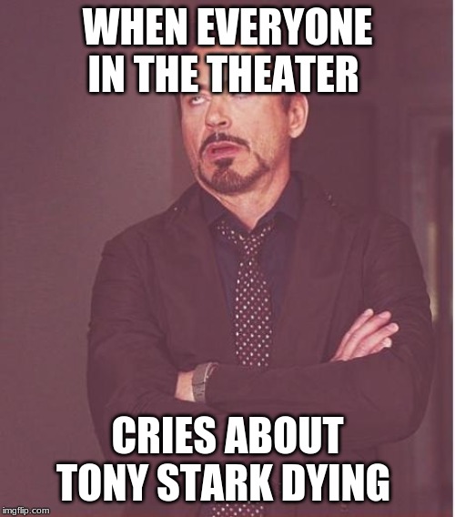 Face You Make Robert Downey Jr Meme | WHEN EVERYONE IN THE THEATER; CRIES ABOUT TONY STARK DYING | image tagged in memes,face you make robert downey jr | made w/ Imgflip meme maker