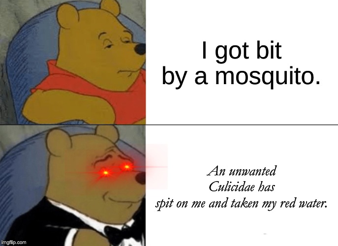 Tuxedo Winnie The Pooh Meme | I got bit by a mosquito. An unwanted Culicidae has spit on me and taken my red water. | image tagged in memes,tuxedo winnie the pooh | made w/ Imgflip meme maker