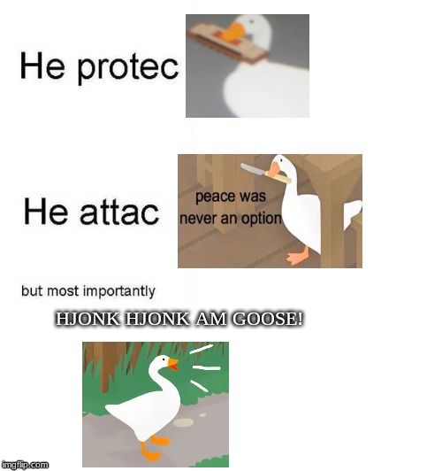 Hjonk Hjonk am Goose! | HJONK HJONK AM GOOSE! | image tagged in he protec he attac but most importantly,goose | made w/ Imgflip meme maker