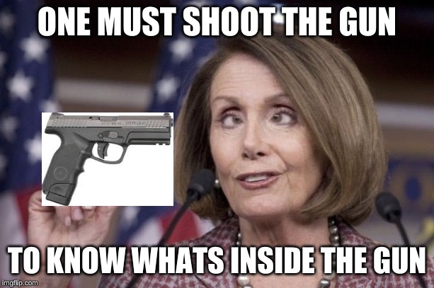 Nancy pelosi | ONE MUST SHOOT THE GUN; TO KNOW WHATS INSIDE THE GUN | image tagged in nancy pelosi | made w/ Imgflip meme maker