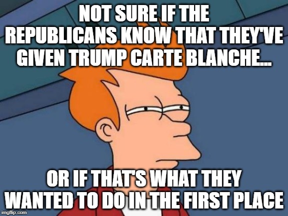 Our Future-ama is Fry-d. | NOT SURE IF THE REPUBLICANS KNOW THAT THEY'VE GIVEN TRUMP CARTE BLANCHE... OR IF THAT'S WHAT THEY WANTED TO DO IN THE FIRST PLACE | image tagged in memes,futurama fry | made w/ Imgflip meme maker
