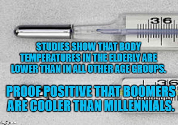 Thermometer | STUDIES SHOW THAT BODY TEMPERATURES IN THE ELDERLY ARE LOWER THAN IN ALL OTHER AGE GROUPS. PROOF POSITIVE THAT BOOMERS ARE COOLER THAN MILLENNIALS. | image tagged in thermometer | made w/ Imgflip meme maker