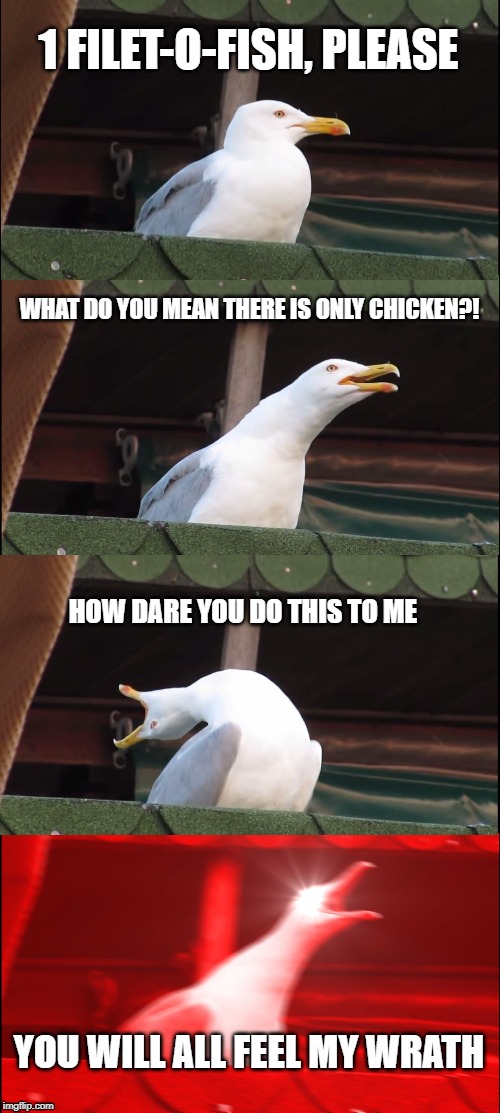Inhaling Seagull Meme | 1 FILET-O-FISH, PLEASE; WHAT DO YOU MEAN THERE IS ONLY CHICKEN?! HOW DARE YOU DO THIS TO ME; YOU WILL ALL FEEL MY WRATH | image tagged in memes,inhaling seagull | made w/ Imgflip meme maker