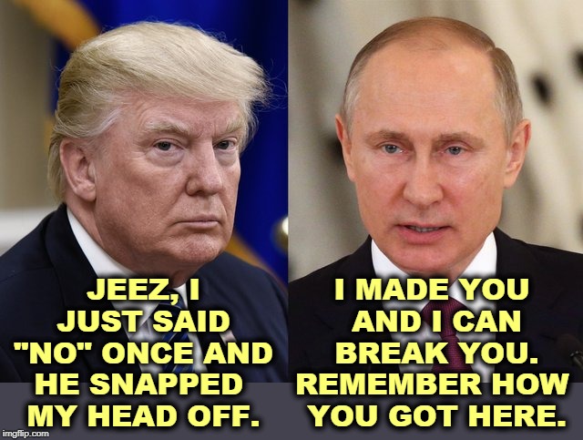 A Problem Boss | I MADE YOU 
AND I CAN BREAK YOU. REMEMBER HOW 
YOU GOT HERE. JEEZ, I JUST SAID "NO" ONCE AND HE SNAPPED 
MY HEAD OFF. | image tagged in trump with his boss putin,trump,putin,angry,you're fired | made w/ Imgflip meme maker