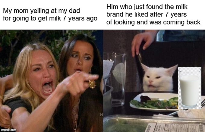 Memes have ruined the milk industry | My mom yelling at my dad for going to get milk 7 years ago; Him who just found the milk brand he liked after 7 years of looking and was coming back | image tagged in memes,woman yelling at cat | made w/ Imgflip meme maker
