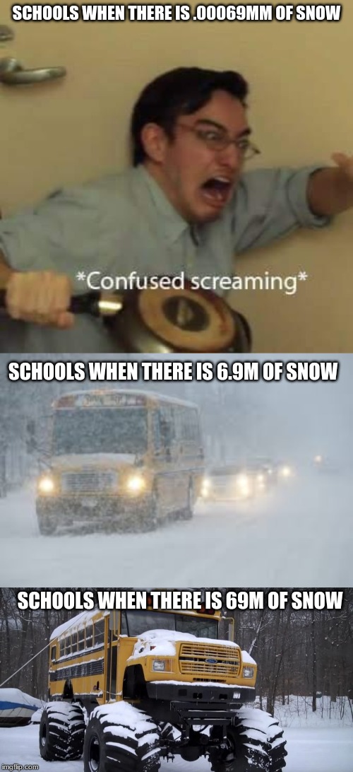 Snow Day | SCHOOLS WHEN THERE IS .00069MM OF SNOW; SCHOOLS WHEN THERE IS 6.9M OF SNOW; SCHOOLS WHEN THERE IS 69M OF SNOW | image tagged in confused screaming,school,snow day | made w/ Imgflip meme maker
