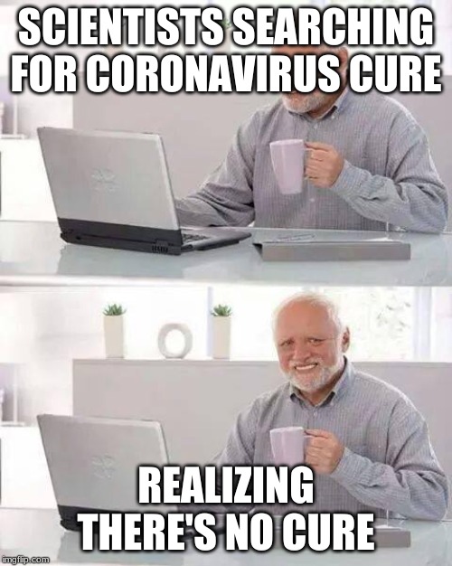 Hide the Pain Harold | SCIENTISTS SEARCHING FOR CORONAVIRUS CURE; REALIZING THERE'S NO CURE | image tagged in memes,hide the pain harold | made w/ Imgflip meme maker