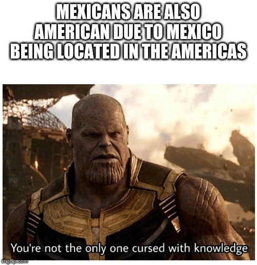 THANOS CURSED WITH KNOWLEDGE | MEXICANS ARE ALSO AMERICAN DUE TO MEXICO BEING LOCATED IN THE AMERICAS | image tagged in thanos cursed with knowledge | made w/ Imgflip meme maker