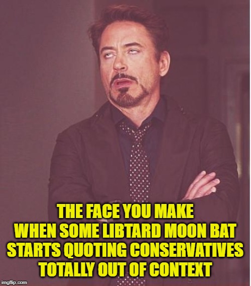 Face You Make Robert Downey Jr Meme | THE FACE YOU MAKE WHEN SOME LIBTARD MOON BAT STARTS QUOTING CONSERVATIVES TOTALLY OUT OF CONTEXT | image tagged in memes,face you make robert downey jr | made w/ Imgflip meme maker