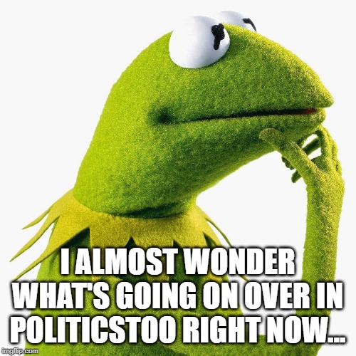 Thinking kermit | I ALMOST WONDER WHAT'S GOING ON OVER IN POLITICSTOO RIGHT NOW... | image tagged in thinking kermit | made w/ Imgflip meme maker