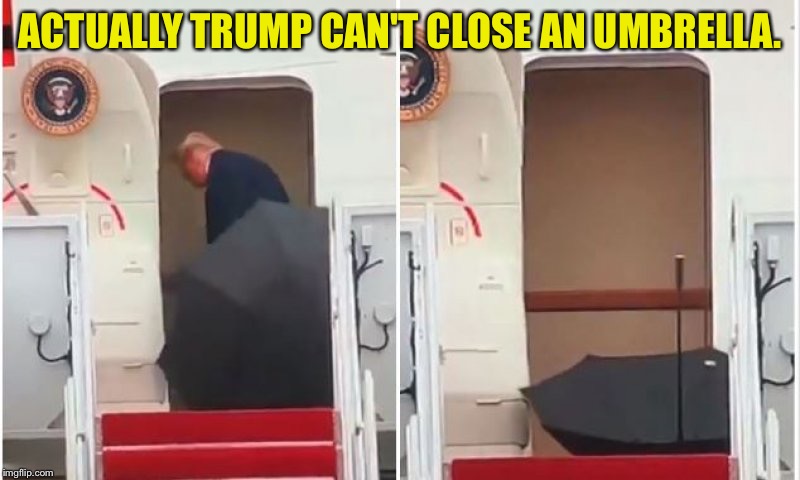 Trump umbrella door | ACTUALLY TRUMP CAN'T CLOSE AN UMBRELLA. | image tagged in trump umbrella door | made w/ Imgflip meme maker