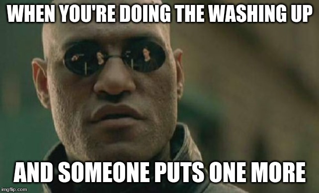 Matrix Morpheus | WHEN YOU'RE DOING THE WASHING UP; AND SOMEONE PUTS ONE MORE | image tagged in memes,matrix morpheus | made w/ Imgflip meme maker