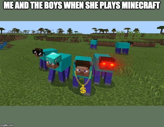 me and the boys | ME AND THE BOYS WHEN SHE PLAYS MINECRAFT | image tagged in me and the boys | made w/ Imgflip meme maker