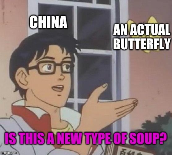Is This A Pigeon Meme | CHINA; AN ACTUAL BUTTERFLY; IS THIS A NEW TYPE OF SOUP? | image tagged in memes,is this a pigeon | made w/ Imgflip meme maker