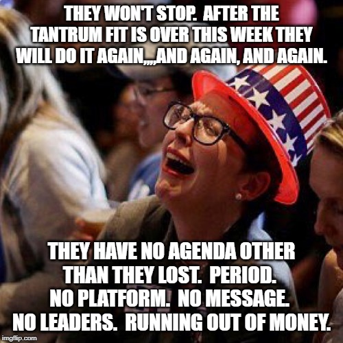 Crying Democrat | THEY WON'T STOP.  AFTER THE TANTRUM FIT IS OVER THIS WEEK THEY WILL DO IT AGAIN,,,,AND AGAIN, AND AGAIN. THEY HAVE NO AGENDA OTHER THAN THEY LOST.  PERIOD.  NO PLATFORM.  NO MESSAGE.  NO LEADERS.  RUNNING OUT OF MONEY. | image tagged in crying democrat | made w/ Imgflip meme maker