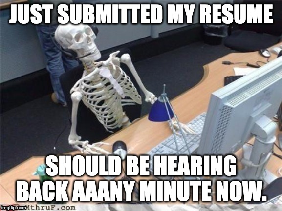 Waiting skeleton | JUST SUBMITTED MY RESUME; SHOULD BE HEARING BACK AAANY MINUTE NOW. | image tagged in waiting skeleton | made w/ Imgflip meme maker