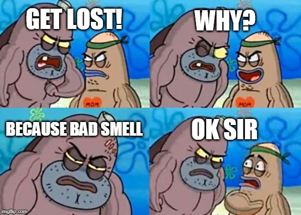 Mem how tough are you | WHY? GET LOST! BECAUSE BAD SMELL; OK SIR | image tagged in memes,how tough are you | made w/ Imgflip meme maker