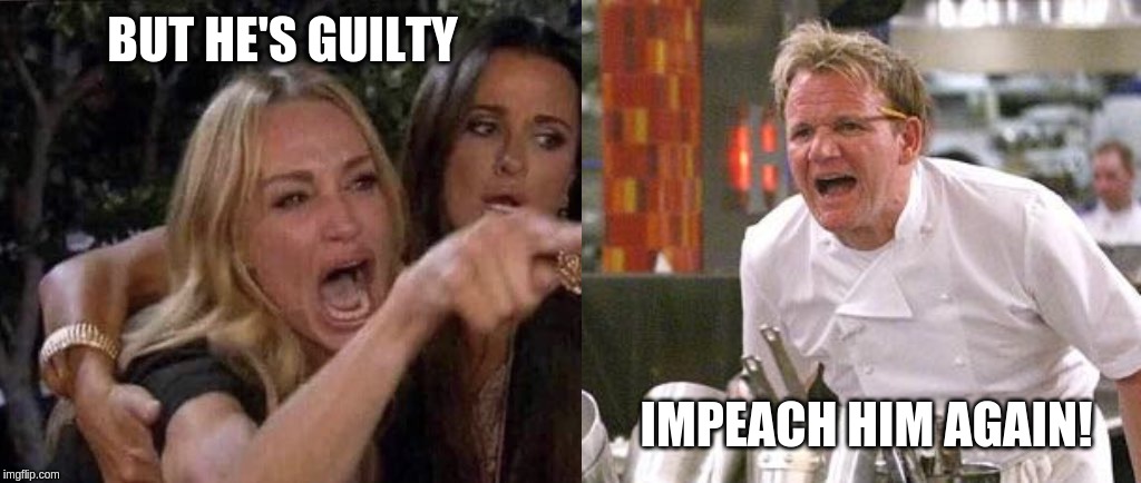 woman yelling at cat | BUT HE'S GUILTY IMPEACH HIM AGAIN! | image tagged in woman yelling at cat | made w/ Imgflip meme maker