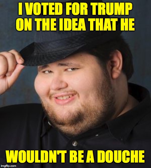 Nice Guy in a Fedora | I VOTED FOR TRUMP ON THE IDEA THAT HE WOULDN'T BE A DOUCHE | image tagged in nice guy in a fedora | made w/ Imgflip meme maker