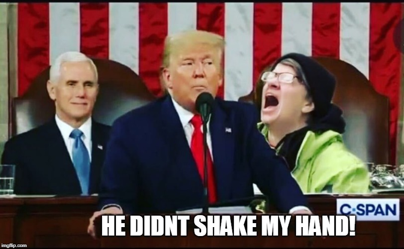 CRYING NANCY | HE DIDNT SHAKE MY HAND! | image tagged in nancy pelosi,state of the union,president trump,triggered liberal | made w/ Imgflip meme maker
