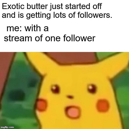 Followers :C | Exotic butter just started off 
and is getting lots of followers. me: with a stream of one follower | image tagged in memes,surprised pikachu,exotic butters | made w/ Imgflip meme maker
